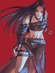 Rule 34 | 1boy, abs, androgynous, bare shoulders, black choker, black gloves, black hair, choker, dungeonbgm, fingerless gloves, gloves, guilty gear, guilty gear x, guilty gear xx, highres, long hair, looking at viewer, male focus, navel, red background, red eyes, testament (guilty gear)