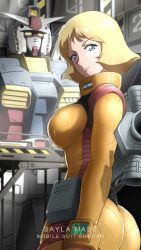 Rule 34 | 1girl, ass, blonde hair, blue eyes, breasts, character name, closed mouth, commentary request, copyright name, graphite (medium), gundam, highres, laofuzi dai bansho, large breasts, looking at viewer, mecha, mobile suit gundam, pilot suit, robot, rx-78-2, sayla mass, short hair, smile, solo, traditional media