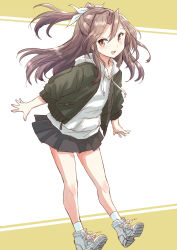 Rule 34 | 1girl, black jacket, black skirt, brown hair, commentary request, fuji (pixiv24804665), full body, high ponytail, highres, hood, hooded sweater, hoodie, jacket, kantai collection, long hair, looking at viewer, official alternate costume, open clothes, open jacket, pleated skirt, ribbon, shoes, skirt, sneakers, solo, sweater, white ribbon, white sweater, zuihou (kancolle)