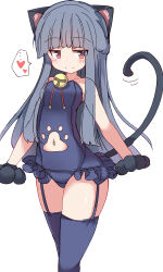 Rule 34 | ..., 1girl, absurdres, animal ears, animal hands, bare shoulders, bell, black gloves, black hair, black one-piece swimsuit, black thighhighs, blush, braid, cat ears, cat girl, cat tail, closed mouth, clothing cutout, collarbone, commentary request, frilled one-piece swimsuit, frills, garter straps, gloves, heart, highres, idolmaster, idolmaster cinderella girls, idolmaster cinderella girls starlight stage, jingle bell, long hair, navel, navel cutout, one-piece swimsuit, paw gloves, red eyes, sajo yukimi, simple background, smile, solo, spoken ellipsis, spoken heart, swimsuit, tail, thighhighs, umberblack, very long hair, white background