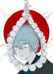 Rule 34 | 1boy, blue hair, copyright request, flower, japanese clothes, japanese flag, looking up, male focus, maruco, messy hair, noose, open mouth, partially colored, plant, solo, upper body, white background, yellow eyes