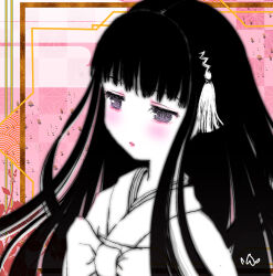 Rule 34 | 1girl, adabana itan, asa no ha (pattern), black hair, blush, bow, buchako, checkered background, closed mouth, colored skin, commentary request, egasumi, expressionless, flower (symbol), hair ornament, half-closed eyes, inset border, japanese clothes, kimono, layered clothes, layered kimono, long hair, looking ahead, looking at viewer, no pupils, outside border, parted hair, patterned background, pink background, pink lips, purple eyes, seigaiha, shirohime (adabana itan), solo, tassel, tassel hair ornament, upper body, white kimono, white skin