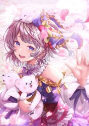 Rule 34 | 1girl, animal, animal on head, bare shoulders, blue eyes, corset, dress, falling petals, flower, food, food-themed hair ornament, frilled ribbon, frills, fruit, gold trim, grey hair, hair ornament, hair ribbon, highres, holding, holding animal, indie virtual youtuber, neck ribbon, on head, open mouth, petals, purple dress, purple ribbon, red corset, ribbon, shirosaki ran, short hair, solo, strawberry, strawberry hair ornament, totomiya, virtual youtuber, white flower