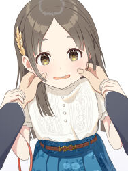 Rule 34 | 1girl, belt, blunt ends, blush, brown eyes, brown hair, character request, cheek pinching, commentary request, gakuen idolmaster, hair ornament, highres, holding another&#039;s wrist, idolmaster, laurels, long hair, long sleeves, looking at viewer, open mouth, parted bangs, partial commentary, pinching, short sleeves, skirt, smile, solo focus, surisuririsu, teeth, upper teeth only