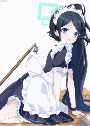 Rule 34 | &lt;key&gt; (robot) (blue archive), 1girl, absurdres, apron, aris (blue archive), aris (maid) (blue archive), arm support, black hair, blue archive, blue eyes, bucket, commentary, feza chen (ushaku), forehead, frilled apron, frills, halo, highres, long hair, looking at viewer, maid, maid apron, maid headdress, official alternate costume, parted bangs, revision, short sleeves, side ponytail, sidelocks, simple background, solo, stick, tripping, water, wet, wet clothes, white apron, wooden floor