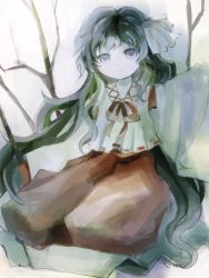 Rule 34 | 1girl, closed mouth, collared shirt, commentary request, girl who trained on mt. haku (touhou), green hair, grey eyes, hair ribbon, hakama, hakama pants, highres, japanese clothes, long hair, long sleeves, miko, neck ribbon, pants, red hakama, red ribbon, ribbon, shirt, sitting, smile, solo, t (lq8dph), touhou, white ribbon, white shirt