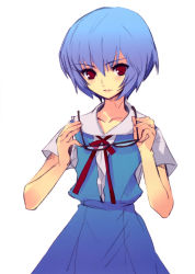 Rule 34 | 1girl, absurdres, ayanami rei, blue hair, female focus, glasses, highres, ito noizi, neon genesis evangelion, red eyes, ribbon, scan, school uniform, short hair, simple background, solo, white background
