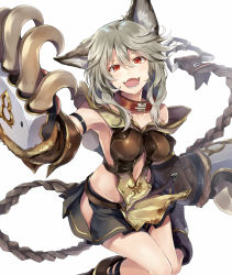 Rule 34 | 10s, 1girl, :d, animal ears, blush, boots, breasts, claw (weapon), claws, collar, collarbone, erune, fangs, fur trim, granblue fantasy, grey hair, hair between eyes, kakao rantan, looking at viewer, medium breasts, no panties, open mouth, red eyes, sen (granblue fantasy), short hair, simple background, skirt, smile, solo, weapon, white background