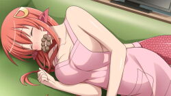Rule 34 | 1girl, apron, artist request, breasts, cleavage, closed eyes, doughnut, facial mark, food, game cg, hair between eyes, hair ornament, hairclip, lamia, large breasts, long hair, miia (monster musume), monster girl, monster musume no iru nichijou, monster musume no iru nichijou online, mouth hold, official alternate costume, official art, pink apron, pointy ears, pon de ring, red scales, scales, sleeping, solo