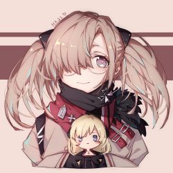 Rule 34 | black scarf, blank eyes, blonde hair, blush, blush stickers, brown background, brown hair, closed mouth, commentary, cross, cross necklace, doll, fur-trimmed jacket, fur trim, g3 (girls&#039; frontline), girls&#039; frontline, glasses, gloves, hair ornament, hair over one eye, hk21 (girls&#039; frontline), holding, jacket, jewelry, long hair, long sleeves, necklace, pollity, purple eyes, scarf, simple background, sleeves past wrists, twintails