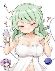 2girls bottle breasts highres komeiji_koishi komeiji_satori large_breasts midriff milk_bottle multiple_girls naked_towel suwa_yasai touhou towel