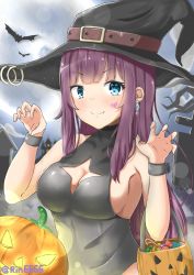 Rule 34 | 1girl, absurdres, bag, bat (animal), black leotard, blue eyes, blunt bangs, blush, breasts, candy, claw pose, cleavage, closed mouth, earrings, fang, fang out, food, halloween, hat, hat belt, highres, jack-o&#039;-lantern, jewelry, leotard, long hair, looking at viewer, medium breasts, night, original, pumpkin, purple hair, qianxiaolin, sideboob, smile, solo, upper body, very long hair, witch, witch hat, wristband