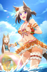 Rule 34 | 2girls, absurdres, animal ears, aqua bikini, bare shoulders, bikini, bikini skirt, blue sky, blush, bracelet, braid, breasts, brown hair, cleavage, clenched hand, closed eyes, cloud, collarbone, commentary, cowboy shot, day, falling, flower, frilled bikini, frills, grass wonder (umamusume), groin, hair between eyes, hair flower, hair ornament, hand on own cheek, hand on own face, hibiscus, highres, horse ears, horse girl, horse tail, innertube, jewelry, lens flare, long hair, looking at viewer, medium breasts, midriff, motion blur, motion lines, multicolored hair, multiple girls, navel, ocean, official alternate costume, open mouth, orange bikini, outdoors, plaid, plaid bikini, plaid sleeves, purple eyes, short hair, sidelocks, sipeiren, sky, small breasts, smile, special week (hopping vitamin heart) (umamusume), special week (umamusume), standing, sweat, swim ring, swimsuit, tail, thigh strap, triangle mouth, two-tone hair, umamusume, wading, white hair, wrist flower
