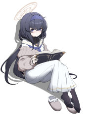 Rule 34 | 1girl, absurdres, black hair, blue archive, blue eyes, blush, book, feet, hairband, highres, long hair, looking at viewer, pantyhose, shoes, unworn shoes, slippers, ui (blue archive)
