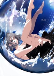 Rule 34 | 1girl, bare arms, bare legs, bare shoulders, barefoot, black dress, blue eyes, blue sky, bob cut, closed mouth, cloud, cloudy sky, day, dress, fingernails, from side, grey hair, highres, hoojiro, hugging own legs, looking at viewer, looking to the side, original, short hair, sky, solo, strapless, strapless dress, temperature, upside-down