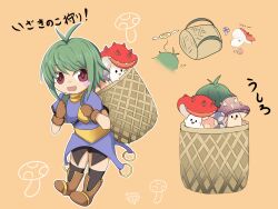 Rule 34 | 1girl, :d, antenna hair, archer (ragnarok online), armored skirt, basket, black socks, blue shirt, blush stickers, boots, brown eyes, brown footwear, brown gloves, chibi, commentary request, full body, gloves, green hair, halo, highres, huwantei, looking at viewer, medium bangs, muneate, mushroom, open mouth, poison spore, ragnarok online, shirt, short hair, short sleeves, single blush sticker, smile, socks, spore (ragnarok online), translation request