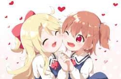 Rule 34 | 2girls, ;d, blonde hair, blue dress, blush, bow, brown hair, cheek-to-cheek, collared shirt, commentary request, dress, fang, gradient background, hair between eyes, hair bow, heads together, himesaka noa, holding hands, hoshino hinata, interlocked fingers, long sleeves, makuran, multiple girls, one eye closed, one side up, open mouth, parted bangs, pinafore dress, pink background, polka dot, polka dot background, ponytail, puffy long sleeves, puffy sleeves, red bow, red eyes, school uniform, shirt, sleeveless, sleeveless dress, smile, thick eyebrows, upper body, watashi ni tenshi ga maiorita!, white background, white shirt