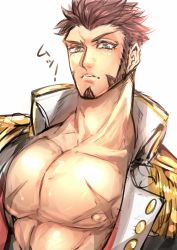 Rule 34 | !, 1boy, abs, bara, beard, blue eyes, blush, brown hair, commentary, commentary request, epaulettes, facial hair, fate/grand order, fate (series), highres, jacket, long sideburns, long sleeves, looking at viewer, male focus, muscular, napoleon bonaparte (fate), nipples, open clothes, open jacket, pectorals, raised eyebrows, scar, solo, translated, uniform, white background, zuman (zmnjo1440)