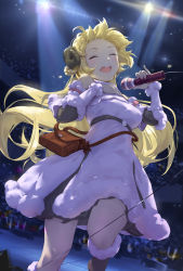Rule 34 | 1girl, bag, bare shoulders, blonde hair, blush, boots, breasts, closed eyes, concert, curled horns, detached sleeves, dress, fur-trimmed dress, fur trim, hand on own chest, highres, holding, hololive, horns, long hair, microphone, microphone cord, music, open mouth, sheep girl, sheep horns, singing, smile, solo, stage lights, standing, standing on one leg, tsunomaki watame, tsunomaki watame (1st costume), virtual youtuber, white dress, yuho (goodtest)