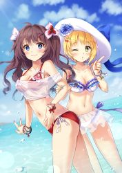 Rule 34 | 10s, 2girls, ahoge, bikini, blonde hair, blue eyes, blue sky, blurry, blush, breasts, bright pupils, brown hair, cleavage, cloud, cloudy sky, collarbone, commentary request, cowboy shot, day, depth of field, food-themed hair ornament, frilled bikini, frills, front-tie bikini top, front-tie top, green eyes, hair ornament, hairclip, hat, ichinose shiki, idolmaster, idolmaster cinderella girls, in water, long hair, looking at viewer, miyamoto frederica, multiple girls, navel, nyanya, ocean, one eye closed, parted lips, partially submerged, red bikini, see-through, side-tie bikini bottom, sky, standing, sun hat, swimsuit, two side up, v, wading, white bikini, wink