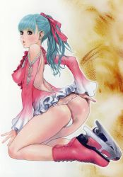 Rule 34 | 1girl, anus, anus peek, ass, blue hair, bow, breasts, covered erect nipples, dress, earrings, full body, g-string, gradient dress, hair bow, highres, ice skates, impossible clothes, impossible dress, jewelry, kneeling, legs, long hair, medium breasts, microdress, no bra, panties, pantyshot, pink dress, pink footwear, ponytail, pout, revealing clothes, ribbon, short dress, simple background, skates, small breasts, solo, thong, uncensored, underwear, white panties, wide sleeves, yasuda akira