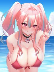 Rule 34 | 1girl, :q, absurdres, azur lane, bare shoulders, bikini, blue sky, blush, breasts, bremerton (azur lane), cleavage, cloud, collarbone, commentary request, covered erect nipples, cowboy shot, day, ear piercing, front-tie bikini top, front-tie top, grey hair, gyokuro (azfater), hair between eyes, hair intakes, hair ornament, hair tie, hand on own thigh, highres, large breasts, leaning forward, lifebuoy ornament, long hair, looking at viewer, midriff, mole, mole on breast, mole under eye, multicolored hair, nail polish, ocean, outdoors, piercing, pink bikini, pink eyes, pink hair, pink nails, side-tie bikini bottom, sidelocks, sky, smile, solo, standing, streaked hair, swimsuit, tongue, tongue out, twintails, two-tone hair, v