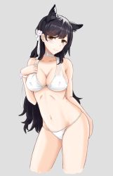 Rule 34 | 1girl, 1mm (norizo), animal ears, atago (azur lane), atago (summer march) (azur lane), azur lane, bikini, black hair, breasts, brown eyes, cleavage, contrapposto, flower, grey background, hair flower, hair ornament, highres, large breasts, long hair, looking at viewer, mole, mole under eye, simple background, solo, standing, swimsuit, white bikini, wolf ears
