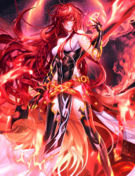 Rule 34 | 1girl, absurdly long hair, absurdres, been, black gloves, black thighhighs, blurry, blurry background, breasts, choker, cleavage, closed mouth, collarbone, elbow gloves, elesis (elsword), elsword, eyes visible through hair, fire, fire, flame lord (elsword), floating hair, gloves, hair between eyes, hair over one eye, highres, holding, holding sword, holding weapon, long hair, looking at viewer, medium breasts, red eyes, red hair, sleeveless, smile, solo, standing, sword, thighhighs, very long hair, weapon