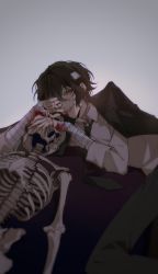 Rule 34 | 1boy, bandaged arm, bandaged head, bandages, bandaid, bandaid on face, black necktie, blood, brown eyes, brown hair, bungou stray dogs, chinese commentary, collared shirt, commentary request, dazai osamu (bungou stray dogs), dress shirt, formal, grey background, hair between eyes, highres, looking at viewer, male focus, necktie, shirt, short hair, skeleton, smile, solo, suit, waistcoat, white shirt, ziyi zhengjun