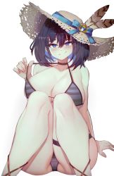 Rule 34 | 1girl, alternate costume, bikini, blue eyes, blush, hat, hat feather, highres, hololive, hololive english, looking at viewer, ouro kronii, simple background, sitting, skindentation, smirk, solo, straw hat, sun hat, swimsuit, thigh strap, varniskarnis, virtual youtuber, white background