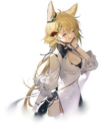 Rule 34 | 1girl, animal ears, arknights, blonde hair, bracelet, braid, breasts, chinese commentary, cleavage, cleavage cutout, closed eyes, closed mouth, clothing cutout, commentary request, covered navel, dress, ear ornament, fan hair ornament, hair between eyes, hand on own cheek, hand on own face, highres, jewelry, kroos (arknights), kroos the keen glint (along the corridor) (arknights), kroos the keen glint (arknights), long bangs, long hair, medium breasts, official alternate costume, side braid, simple background, smile, solo, upper body, very long hair, white background, white dress, woodylixx