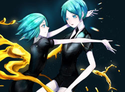 Rule 34 | 2others, androgynous, aqua eyes, aqua hair, colored eyelashes, crystal hair, dark background, dual persona, gem uniform (houseki no kuni), gold, golden arms, houseki no kuni, hug, looking at another, multiple others, multiple persona, necktie, phosphophyllite, short hair, smile, spoilers