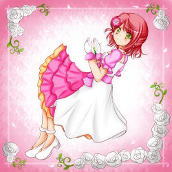 Rule 34 | 1girl, absurdres, artist name, artist request, awakening promise (love live!), bare legs, belt, blush, bow, braid, braided bun, breasts, cleavage, collarbone, diamond (gemstone), dress, dress bow, earrings, female focus, flower, frilled dress, frilled skirt, frills, full body, gloves, green eyes, hair bun, hair flower, hair ornament, high heels, highres, jewelry, looking at viewer, love live!, love live! nijigasaki high school idol club, love live! school idol festival, miniskirt, necklace, orange hair, parted lips, pearl earrings, pearl necklace, pink background, pink belt, pink bow, pink dress, pink flower, pink skirt, pink wrist cuffs, plaid, plaid dress, plaid skirt, pleated, pleated dress, pleated skirt, puffy short sleeves, puffy sleeves, red hair, short hair, short sleeves, side bun, single side bun, skirt, skirt under dress, smile, solo, two-tone dress, uehara ayumu, white dress, white flower, white footwear, white gloves, wrist cuffs, yellow eyes, yellow skirt