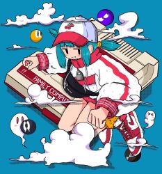 Rule 34 | 1girl, aqua hair, baseball cap, black eyes, blue background, cherry print, cloud, commentary, drawstring, drop shadow, famicom, fanny pack, food print, full body, game console, ghost, grin, hat, high collar, jitome, long sleeves, looking at viewer, low twintails, nao97122, nike (company), original, red footwear, red hat, shoes, sidelocks, single vertical stripe, smile, sneakers, socks, solo, streetwear, sweater, twintails, white footwear, white hat, white sweater, yellow socks, zipper pull tab