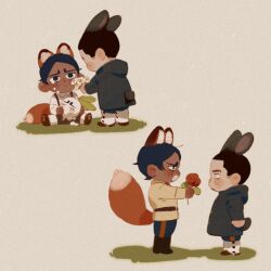 Rule 34 | 2boys, animal ears, animal feet, black coat, black eyes, black hair, boots, broken, brown background, brown footwear, brown hair, brown jacket, chengongzi123, chibi, closed mouth, coat, commentary, confession, crying, crying with eyes open, dark-skinned male, dark skin, facial hair, flower, fox boy, fox ears, fox tail, full body, giving, goatee stubble, golden kamuy, highres, holding, holding flower, hood, hooded coat, jacket, kemonomimi mode, koito otonoshin, long sleeves, looking at another, male focus, military uniform, monster boy, monsterification, multiple boys, multiple views, open mouth, outstretched arms, rabbit boy, rabbit ears, rabbit tail, rose, short hair, simple background, sitting, stubble, stuffed toy, stuffing, symbol-only commentary, tail, tears, tsukishima hajime, uniform, very short hair, white flower, yaoi