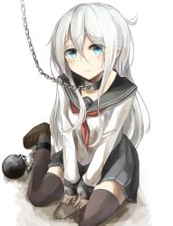 Rule 34 | 10s, 1girl, anchor symbol, bad id, bad pixiv id, ball and chain restraint, black thighhighs, blue eyes, chain, chained, collar, collarbone, hair between eyes, hibiki (kancolle), highres, kantai collection, loafers, long hair, looking at viewer, miyabino (miyabi1616), neckerchief, pleated skirt, school uniform, serafuku, shoes, silver hair, sitting, skirt, solo, thighhighs, v arms