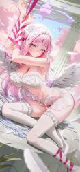 Rule 34 | 1girl, aakin5349, absurdres, angel wings, bdsm, blue archive, blush, bondage, bound, bra, breasts, cleavage, feathered wings, halo, highres, large breasts, long hair, looking at viewer, mika (blue archive), navel, open mouth, panties, pink hair, pink halo, solo, thighhighs, underwear, white bra, white panties, white thighhighs, white wings, wings, yellow eyes