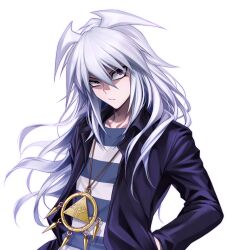 Rule 34 | 1boy, black jacket, blue shirt, chimachi, closed mouth, hair between eyes, hands in pockets, jacket, long hair, looking at viewer, male focus, millennium ring, purple eyes, shirt, simple background, solo, striped clothes, striped shirt, upper body, white background, white hair, yami bakura, yu-gi-oh!, yu-gi-oh! duel monsters