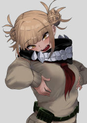 Rule 34 | 1girl, belt, blonde hair, blunt bangs, blush, boku no hero academia, breasts, breasts squeezed together, cardigan, double bun, fangs, hair bun, highres, medium breasts, open mouth, school uniform, serafuku, simple background, slit pupils, solo, toga himiko, utility belt, white background, yellow eyes, zd (pixiv6210083)