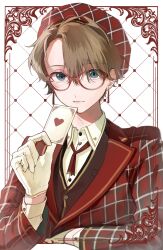 Rule 34 | 1boy, absurdres, ace (playing card), ace of hearts, blonde hair, blue eyes, border, card, closed mouth, collared shirt, commentary, earrings, framed, glasses, gloves, hand up, heart, highres, holding, holding card, jacket, jewelry, light blush, long sleeves, looking at viewer, male focus, neck ribbon, original, ornate border, outside border, parted bangs, plaid, plaid headwear, plaid jacket, playing card, red-framed eyewear, red headwear, red jacket, red ribbon, ribbon, shirt, short hair, smile, solo, undershirt, upper body, white gloves, white shirt, white xxxx