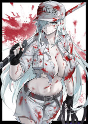 Rule 34 | 1girl, baseball cap, belt, black gloves, blood, blood in hair, blood on breasts, blood on clothes, blood on face, breasts, cleavage, commentary request, cowboy shot, duan henglong, fingerless gloves, gloves, grey eyes, groin, hair over one eye, hat, hataraku saibou, hataraku saibou black, highres, holding, large breasts, long hair, looking at viewer, midriff, navel, neutrophil, no bra, over shoulder, pants, shirt, sidelocks, silver hair, solo, standing, sword, torn clothes, torn pants, torn shirt, u-1196, weapon, weapon over shoulder, white pants, white uniform