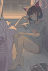Rule 34 | 1girl, absurdres, animal ears, barefoot, black hair, blue archive, book, cat ears, closed mouth, extra ears, full body, grey shirt, grey shorts, hair ornament, hairclip, halo, highres, indoors, kazusa (blue archive), looking at viewer, nagisa (cxcx5235), open book, pink halo, red eyes, shirt, short hair, short sleeves, shorts, solo