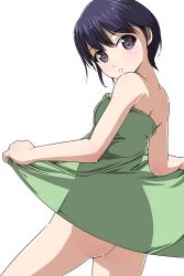 Rule 34 | 1girl, ass, back, bare back, bare legs, bare shoulders, black hair, blush, bottomless, brown eyes, cowboy shot, female focus, from behind, hair between eyes, highres, legs, looking at viewer, looking back, matsunaga kouyou, naked towel, neck, original, parted lips, purple eyes, see-through, short hair, shy, simple background, solo, standing, towel, white background