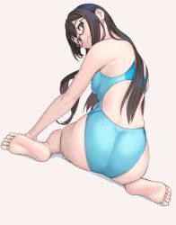 Rule 34 | 1girl, alternate costume, ass, backless swimsuit, bare arms, bare legs, bare shoulders, barefoot, black hair, blue one-piece swimsuit, blush, breasts, commentary request, competition swimsuit, glasses, green eyes, hairband, highleg, highleg swimsuit, highres, kantai collection, long hair, looking at viewer, multicolored clothes, multicolored swimsuit, one-piece swimsuit, ooyodo (kancolle), semi-rimless eyewear, simple background, skindentation, small breasts, soles, solo, swimsuit, under-rim eyewear, wet, white background, yuuji (and)