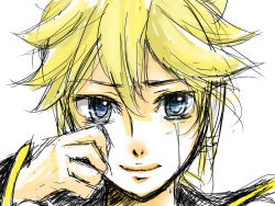 Rule 34 | 1boy, ataru (7noise), bad id, bad pixiv id, blonde hair, blue eyes, kagamine len, looking at viewer, male focus, sketch, smile, solo, tears, vocaloid, wiping face