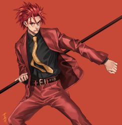 Rule 34 | 1boy, alternate costume, bad id, bad pixiv id, belt, black shirt, blouse, fate/extra, fate/grand order, fate (series), fighting stance, highres, holding, li shuwen (fate), li shuwen (young) (fate), long sleeves, looking to the side, male focus, necktie, pants, polearm, ponytail, red background, red hair, red pants, shirt, smile, solo, sora yoshitake yuda, upper body, weapon, yellow necktie