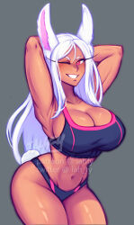 Rule 34 | 1girl, animal ears, armpits, arms behind head, arms up, bare arms, bare legs, boku no hero academia, breasts, collarbone, commentary, cowboy shot, dark-skinned female, dark skin, grey background, grin, groin, highres, huge breasts, iahfy, large breasts, long hair, looking at viewer, midriff, mirko, muscular, muscular female, navel, one eye closed, panties, rabbit ears, rabbit girl, rabbit tail, red eyes, simple background, smile, solo, sports bra, symbol-only commentary, tail, underwear, white hair, wide hips
