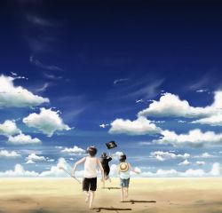 Rule 34 | 3boys, aged down, artist request, back, barefoot, beach, black hair, blue sky, brothers, child, cloud, day, east blue, flag, from behind, hat, holding, holding flag, jolly roger, male focus, monkey d. luffy, multiple boys, ocean, one piece, outdoors, pole, portgas d. ace, running, sabo (one piece), sand, shorts, siblings, sky, smoking pipe, source request, straw hat, top hat, weapon