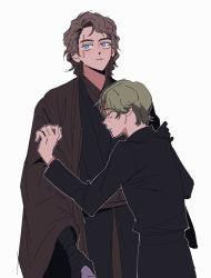 Rule 34 | 2boys, anakin skywalker, animification, blonde hair, blue eyes, brown hair, closed mouth, father and son, gloves, luke skywalker, multiple boys, scar, scar across eye, simple background, single glove, size difference, skdlfjgrp, star wars, time paradox, white background