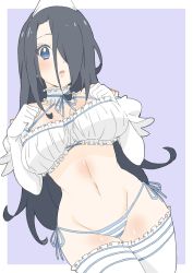 Rule 34 | 1girl, absurdres, bad id, bad twitter id, bikini, black hair, blue eyes, blue ribbon, border, breasts, cleavage, cowboy shot, donguri suzume, dutch angle, elbow gloves, ghost girl (donguri suzume), gloves, hair over one eye, hands up, highres, large breasts, long hair, looking at viewer, navel, neck ribbon, one eye covered, original, parted lips, purple background, ribbon, side-tie bikini bottom, simple background, solo, standing, striped bikini, striped clothes, swimsuit, thighhighs, triangular headpiece, white border, white gloves, white thighhighs
